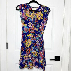 YUMI KIM 100% Silk Blue Floral Wrap Mini Dress‎